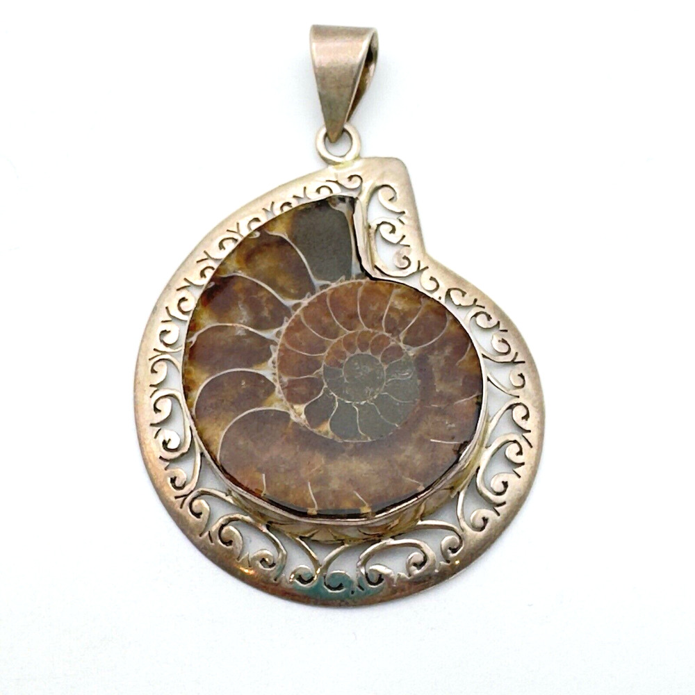 Vintage Ammonite Fossil Sterling Silver 925 Pendant 2.25" Metal Scroll Work 14g